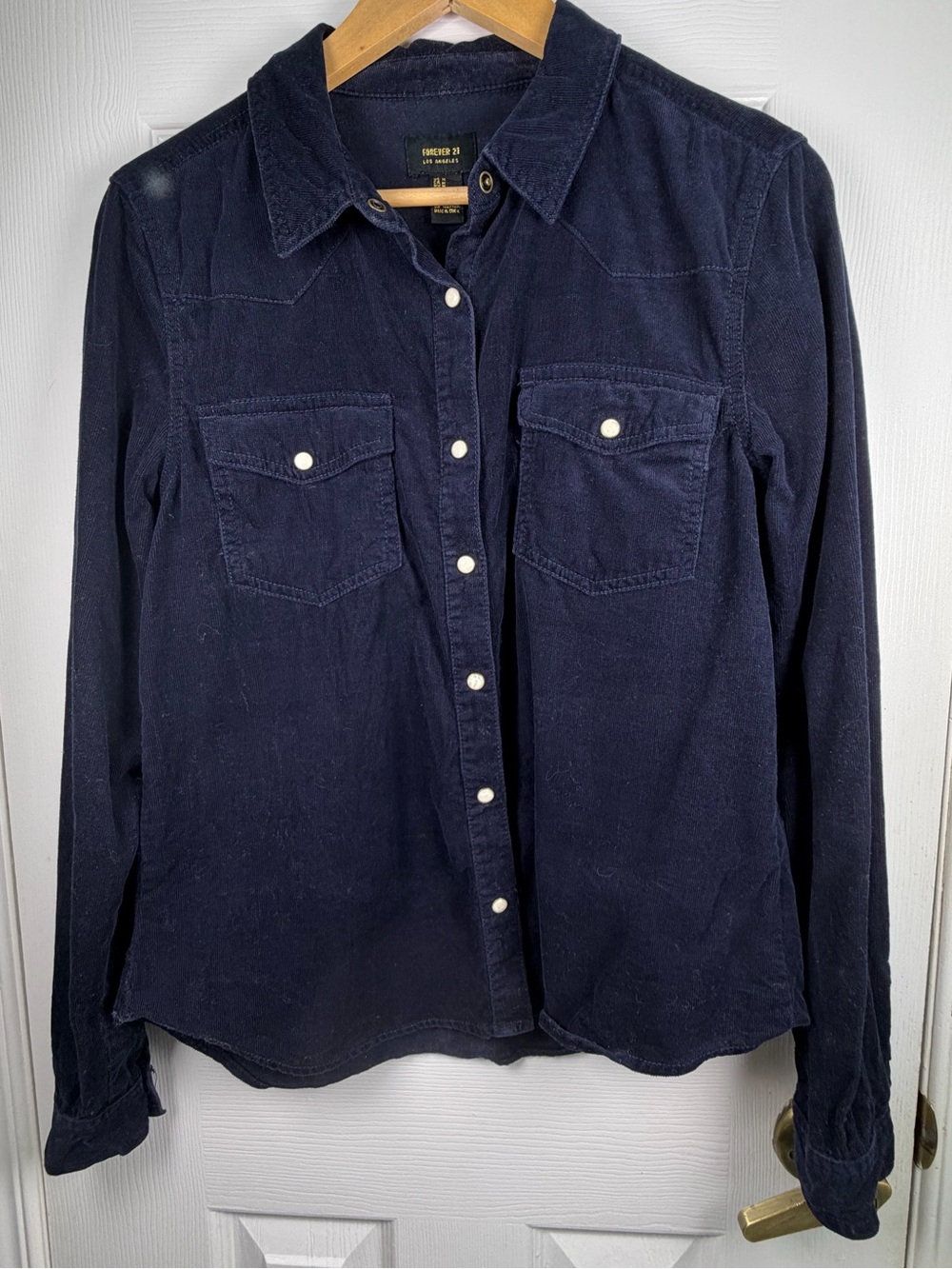 Forever 21 Dark Navy Corduroy Shirt M Snap Front Western Utility Button-Down Y2K